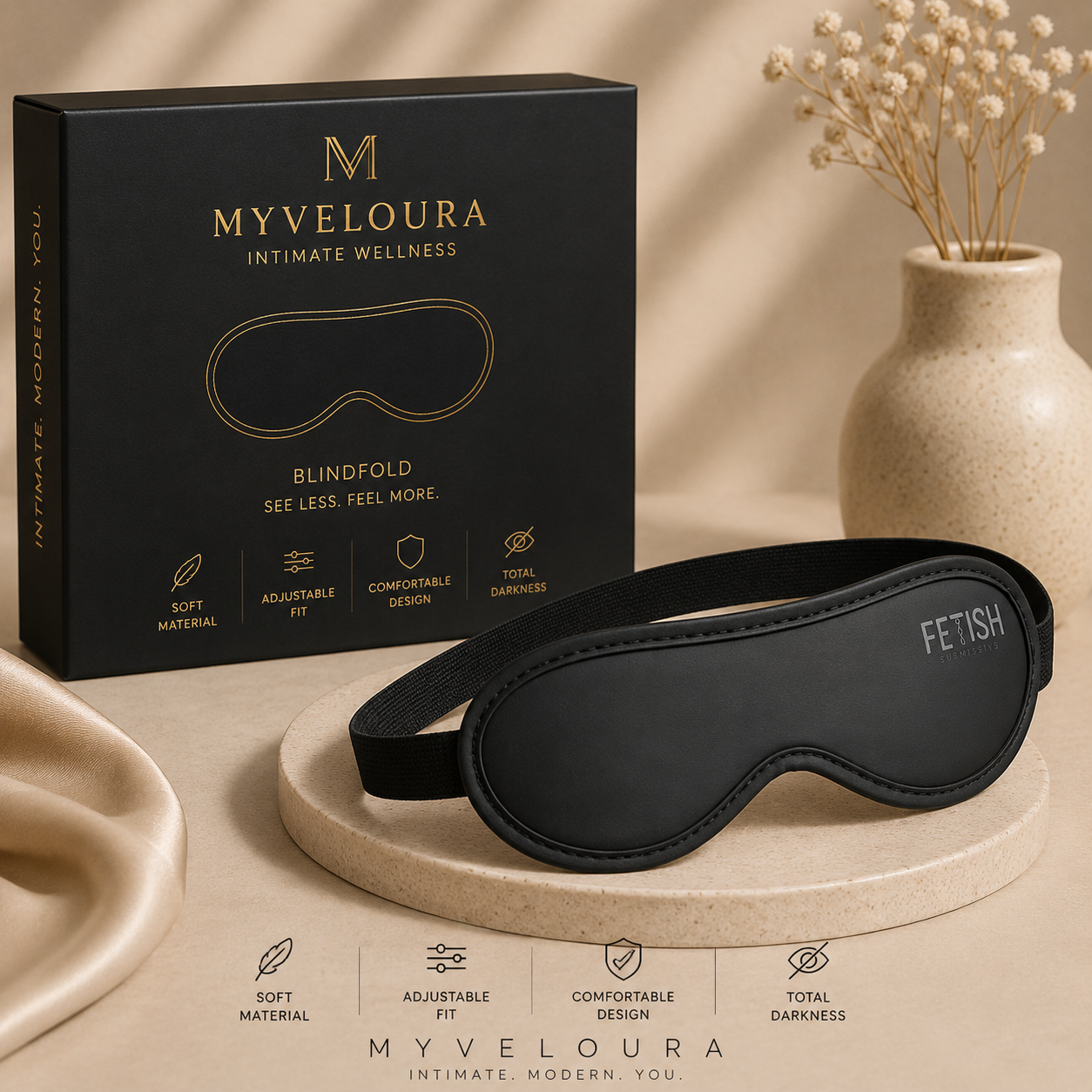 Vegane schwarze Ledermaske mit weichem Neoprenfutter